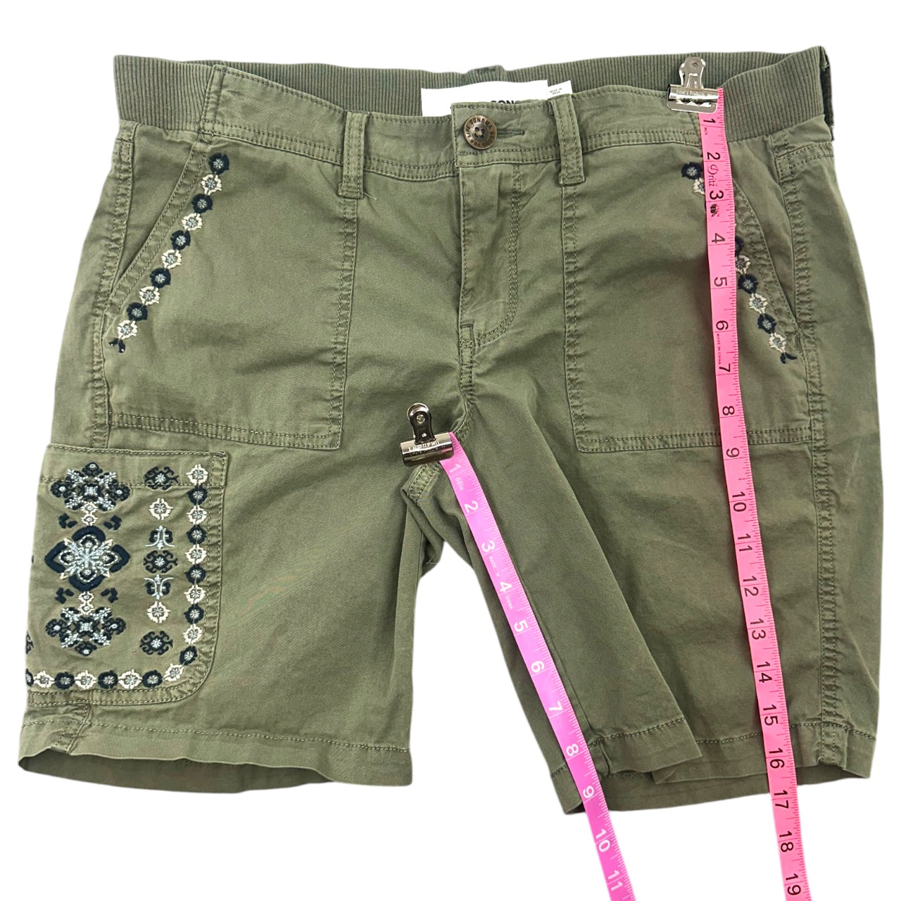 Boho Embroidered Olive Utility Bermuda Shorts