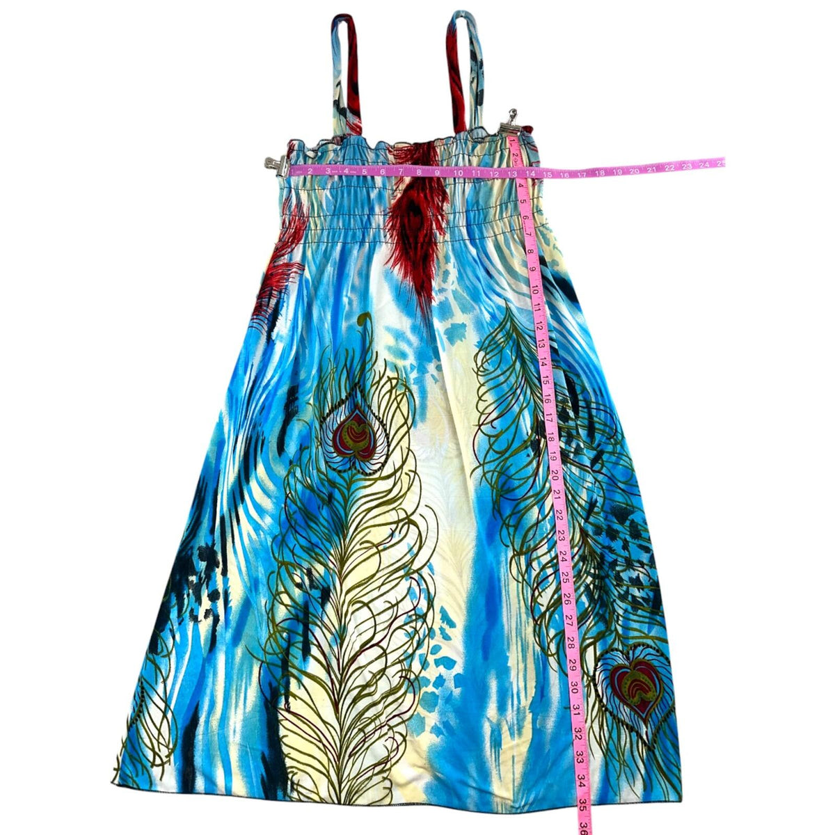 Ace Fashion Y2K Midi Dress Peacock Feather Print Blue Red Smocked Bodice