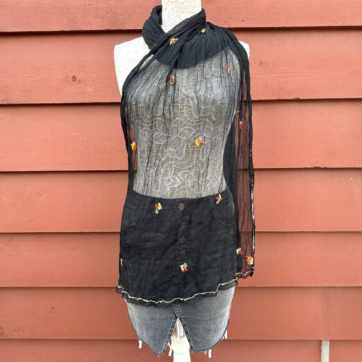 Vintage Whimsigoth Sheer Black Floral Embroidered Wrap