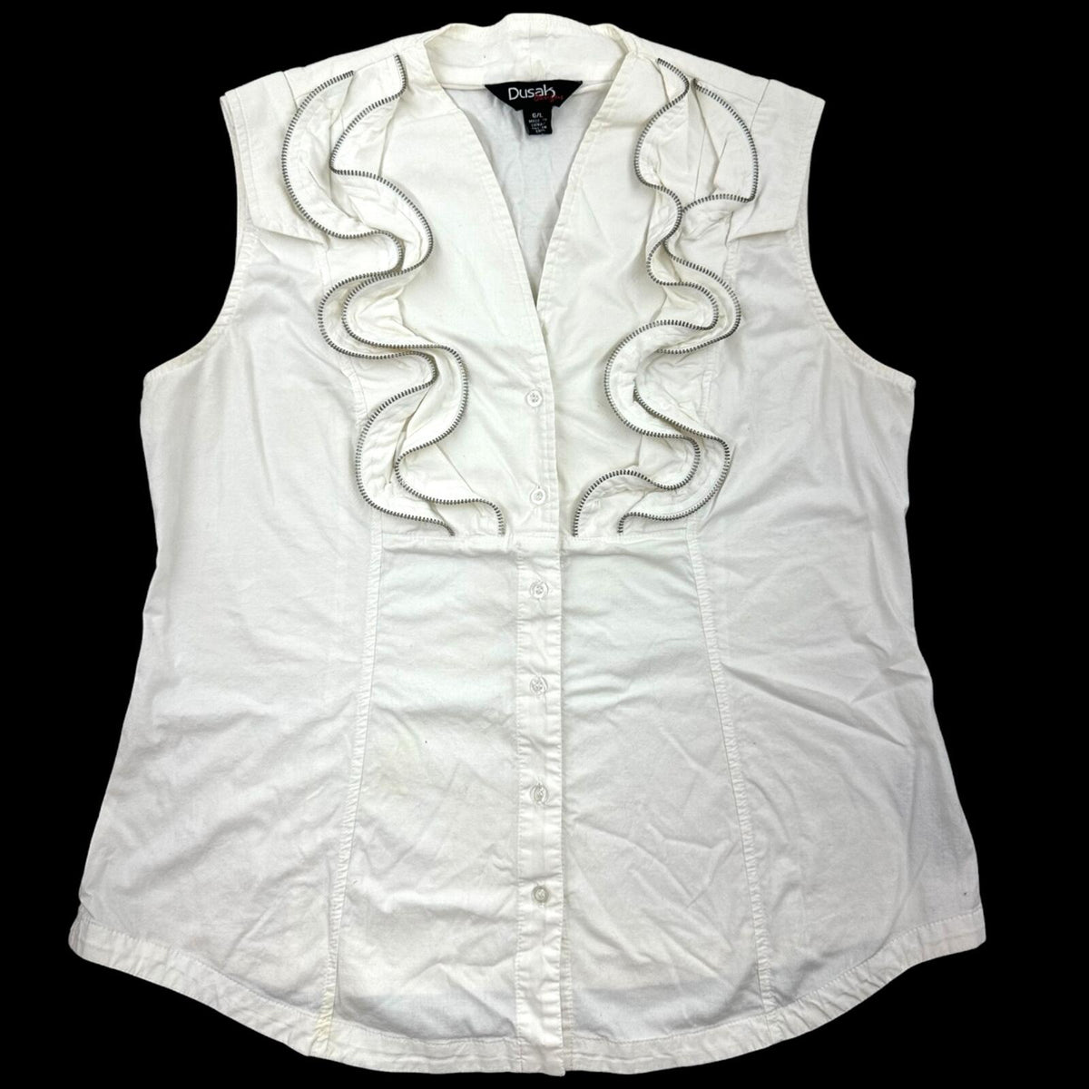Dusak Designs White Sleeveless Blouse with Silver Zipper Ruffle Trim