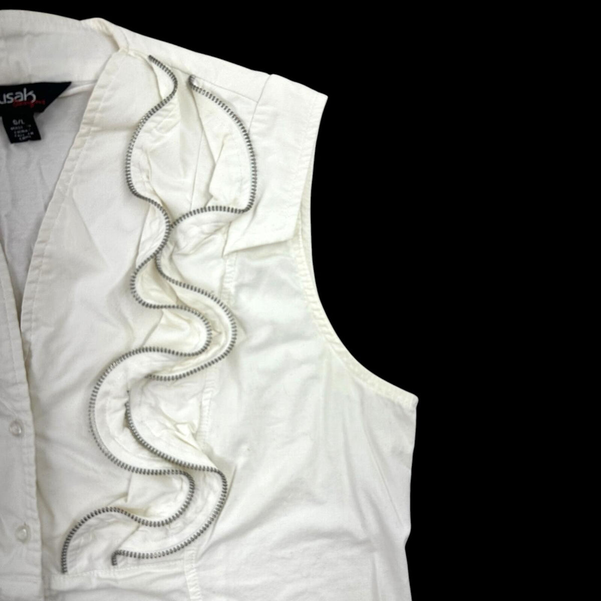 Dusak Designs White Sleeveless Blouse with Silver Zipper Ruffle Trim