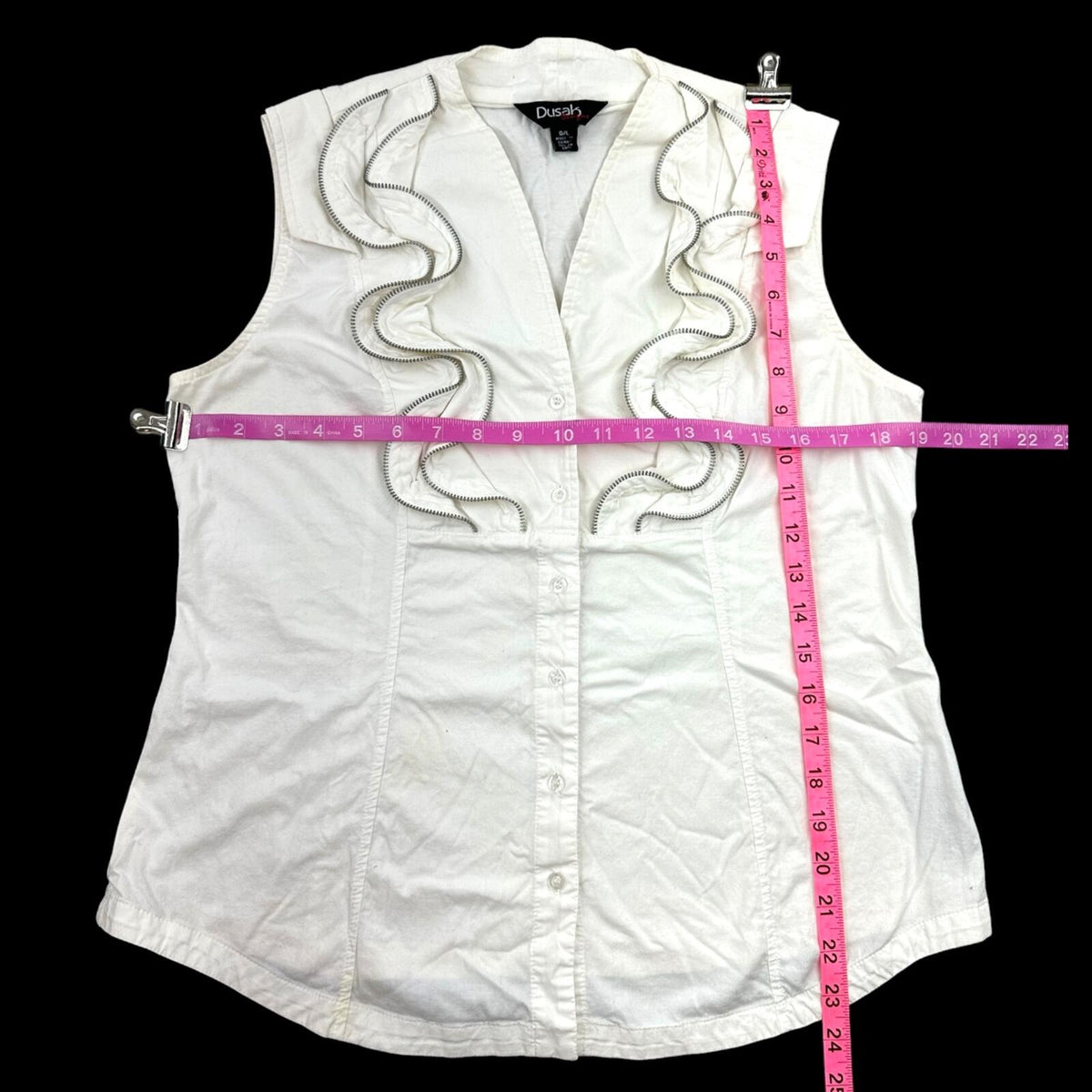 Dusak Designs White Sleeveless Blouse with Silver Zipper Ruffle Trim