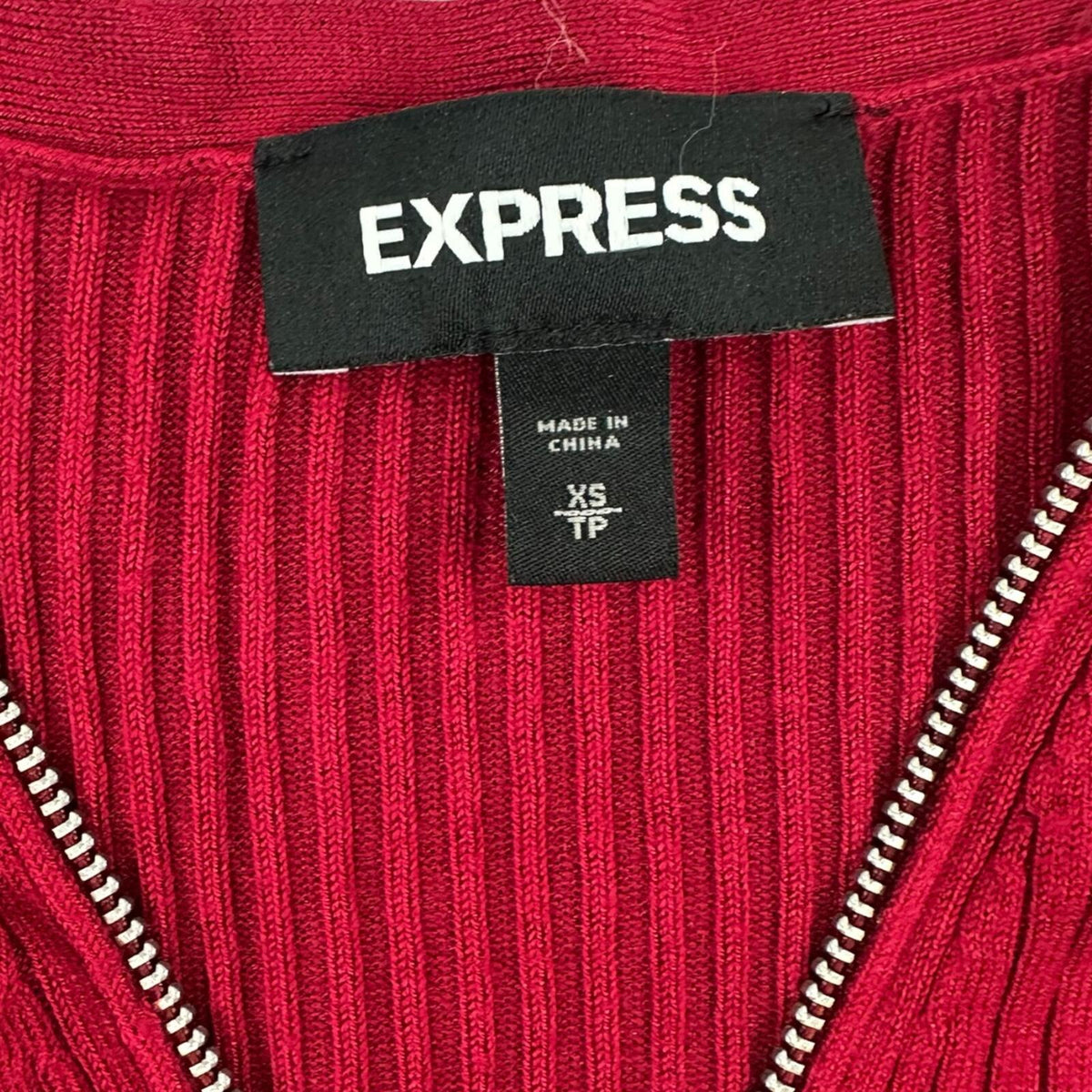 Express Cherry Red Ribbed Knit Sweater with Silver Half Zip Y2K Office Siren