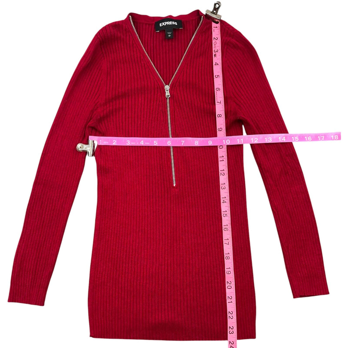 Express Cherry Red Ribbed Knit Sweater with Silver Half Zip Y2K Office Siren