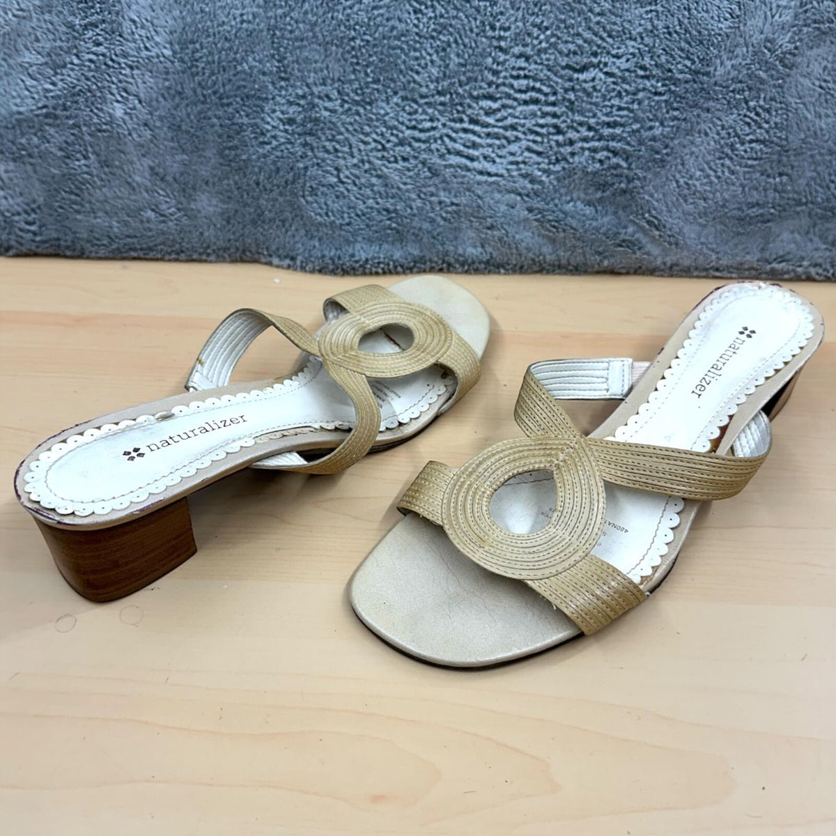 Naturalizer Beige Champagne Textured Strap Sandals with Low Block