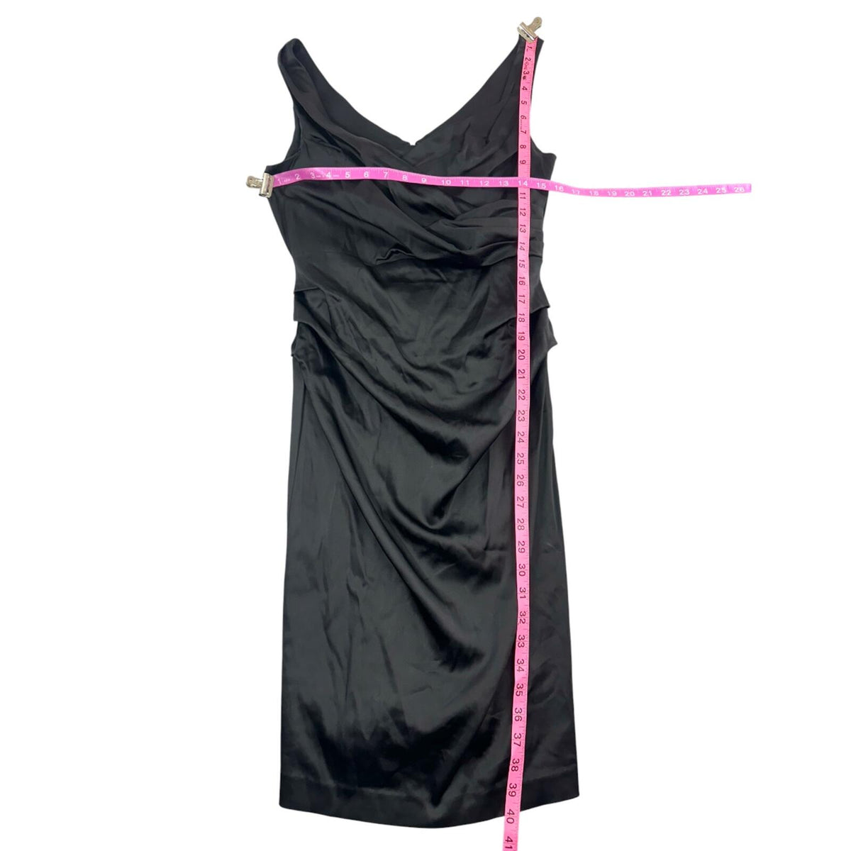 Suzi Chin for Maggy Boutique Black Satin Ruched Wiggle Midi Dress