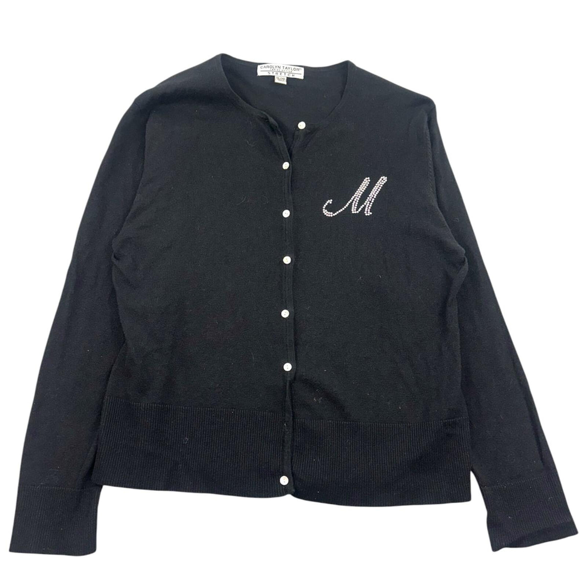 Carolyn Taylor Black Stretch Knit Cardigan with Rhinestone M Initial