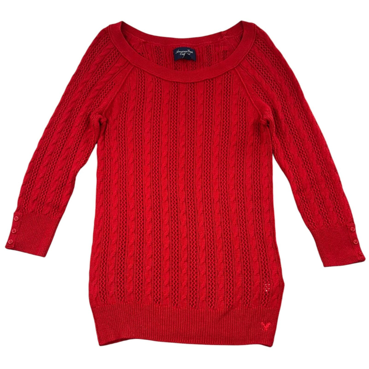 American Eagle Cherry Red Cable Knit Sweater Wide Scoop Neck 3/4 Sleeve