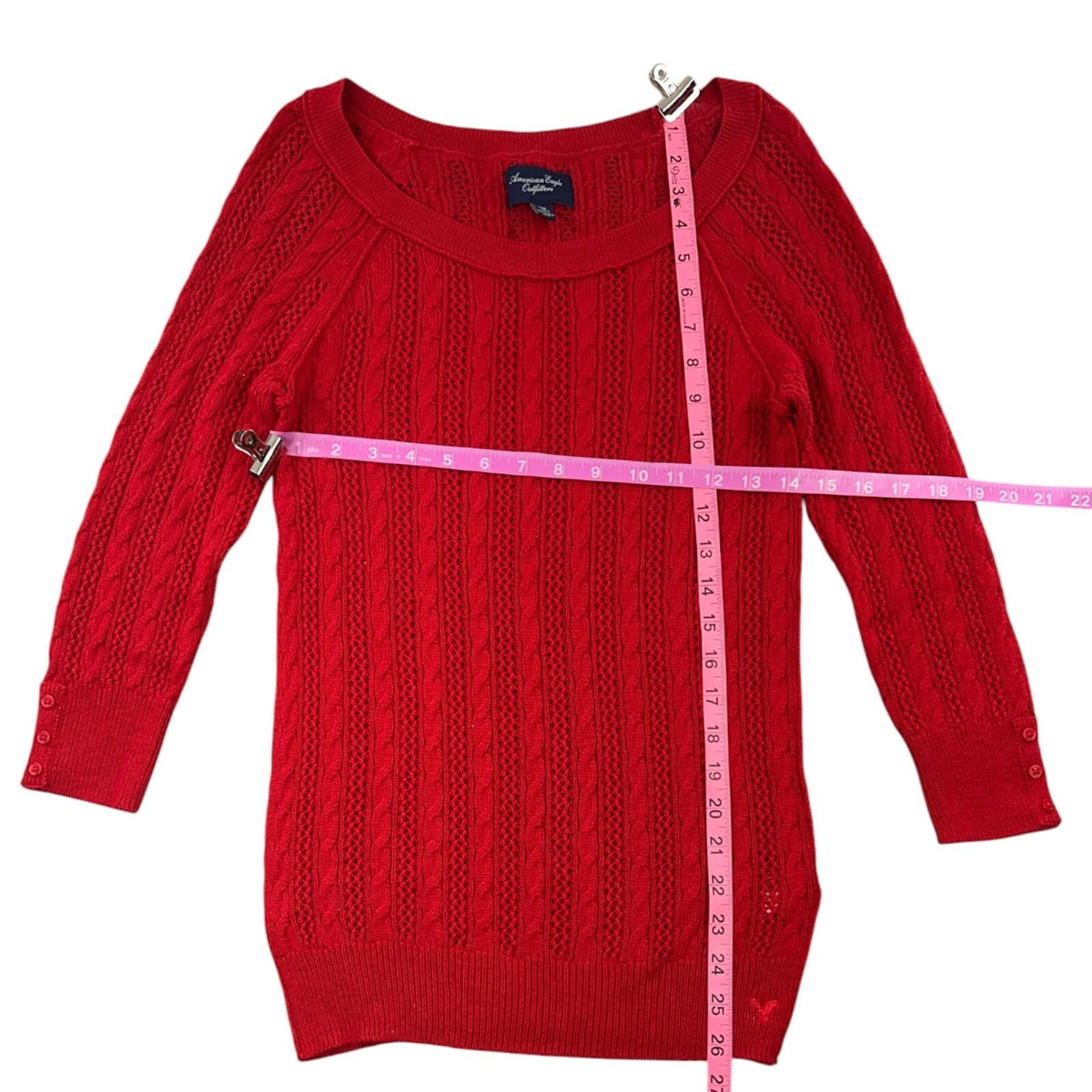 American Eagle Cherry Red Cable Knit Sweater Wide Scoop Neck 3/4 Sleeve