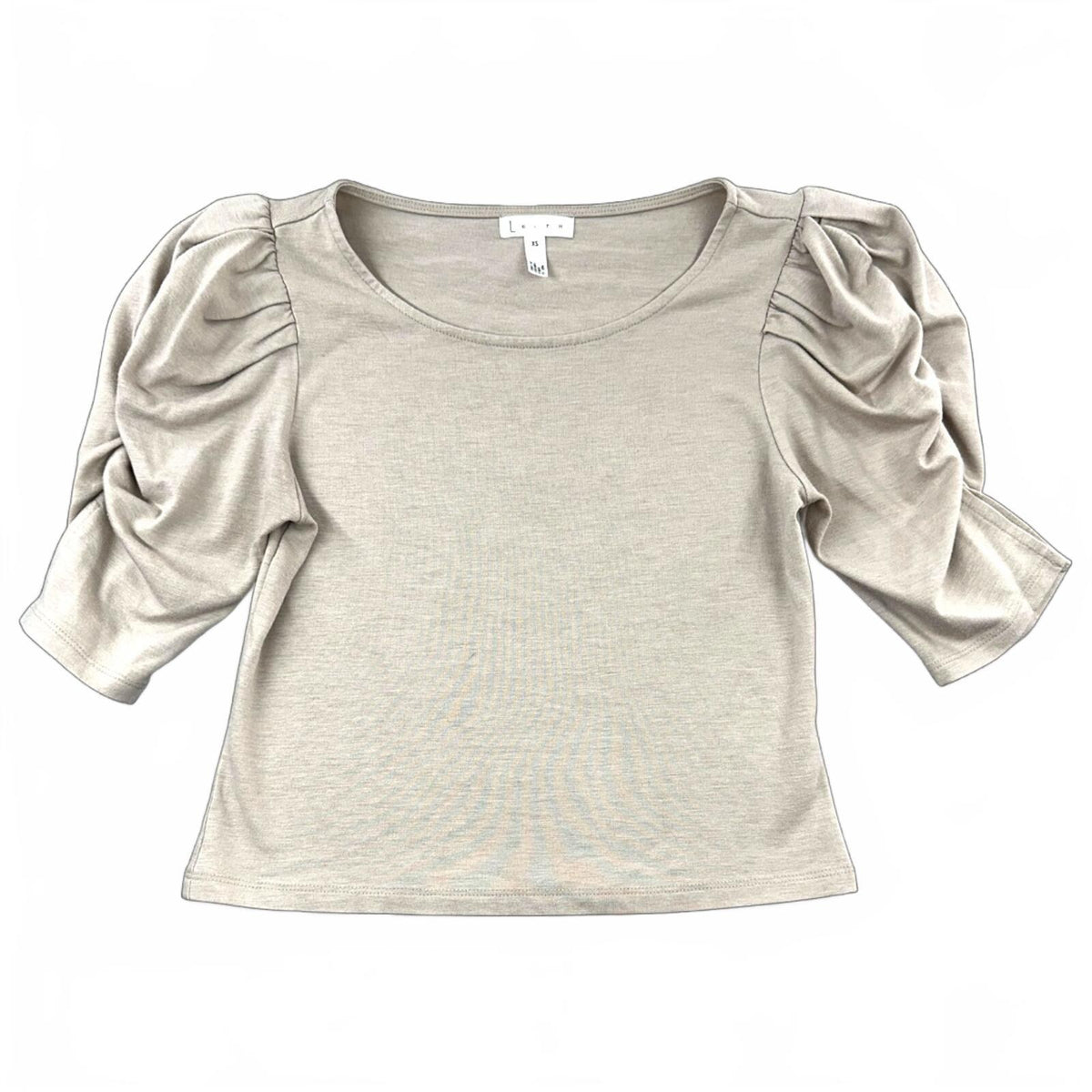 Leith Oatmeal Dramatic Puff Sleeve Structured Knit Top