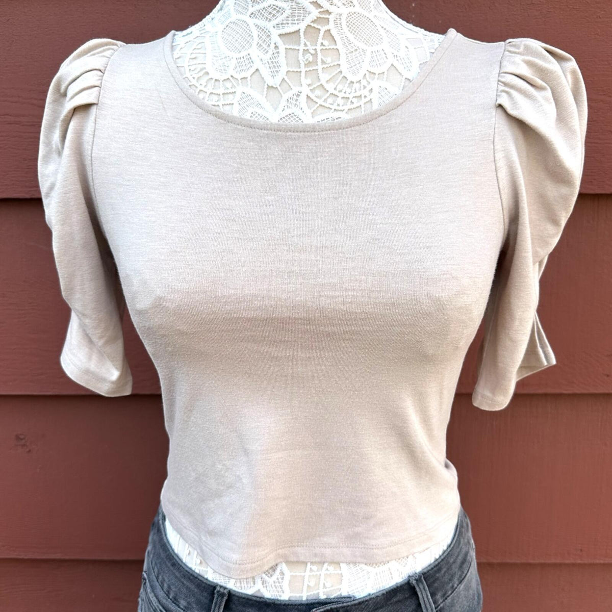 Leith Oatmeal Dramatic Puff Sleeve Structured Knit Top