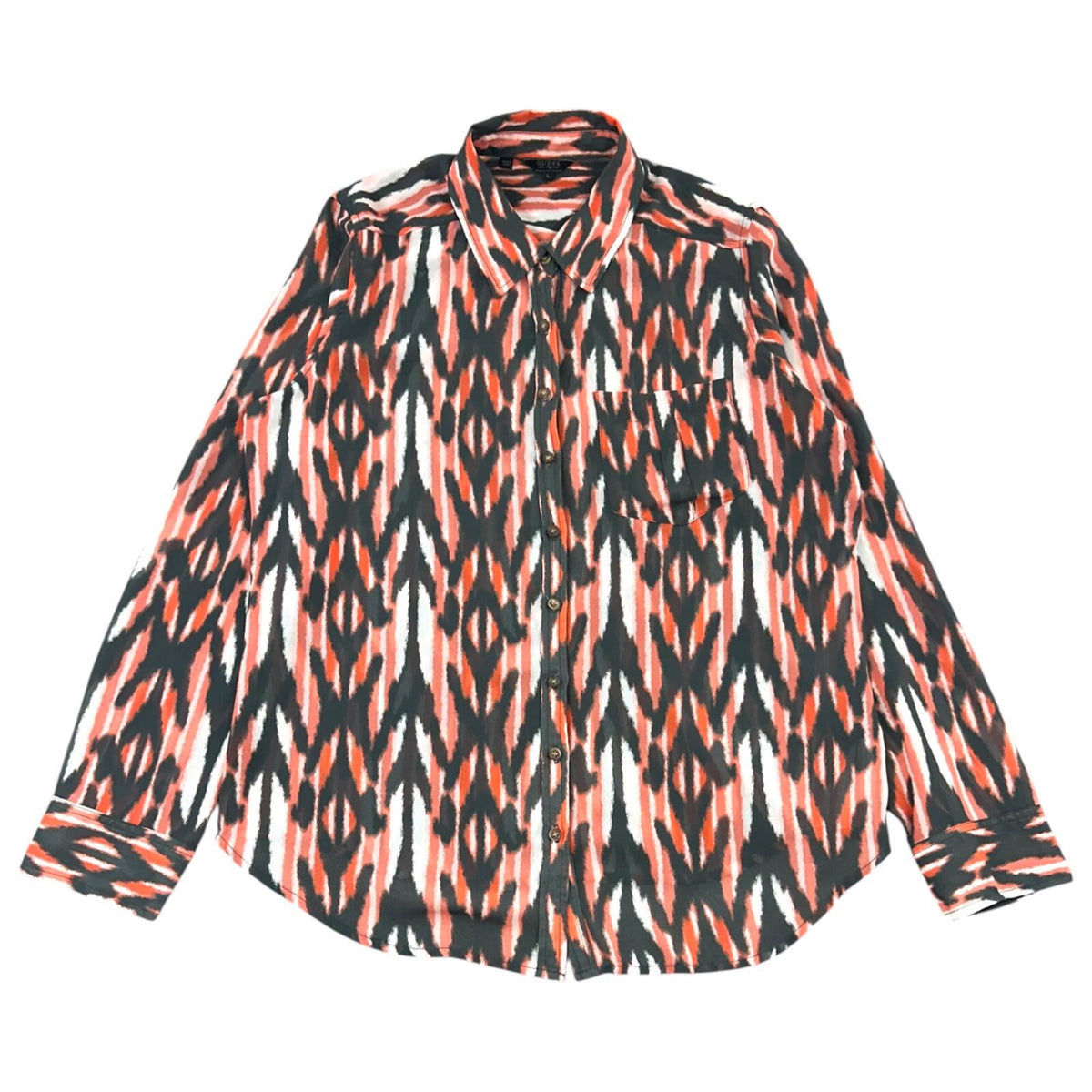 GUESS Orange Brown Ikat Print Button Down Blouse with Sheer Lace