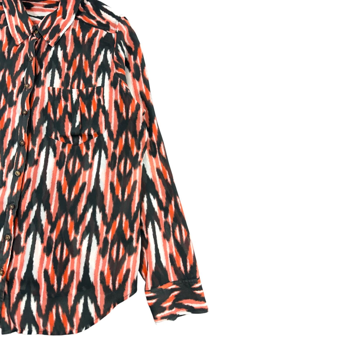 GUESS Orange Brown Ikat Print Button Down Blouse with Sheer Lace