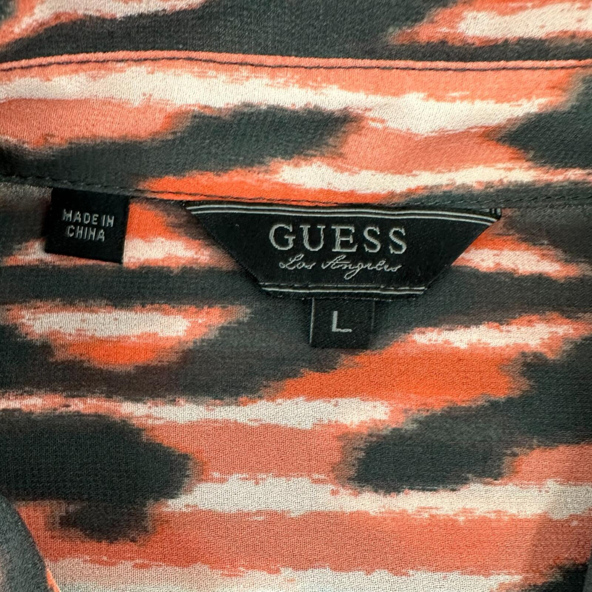 GUESS Orange Brown Ikat Print Button Down Blouse with Sheer Lace