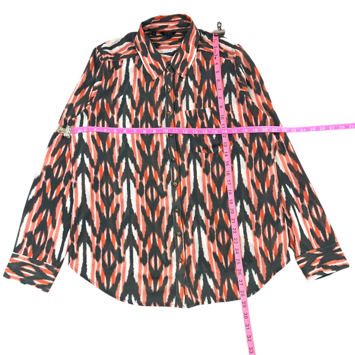 GUESS Orange Brown Ikat Print Button Down Blouse with Sheer Lace