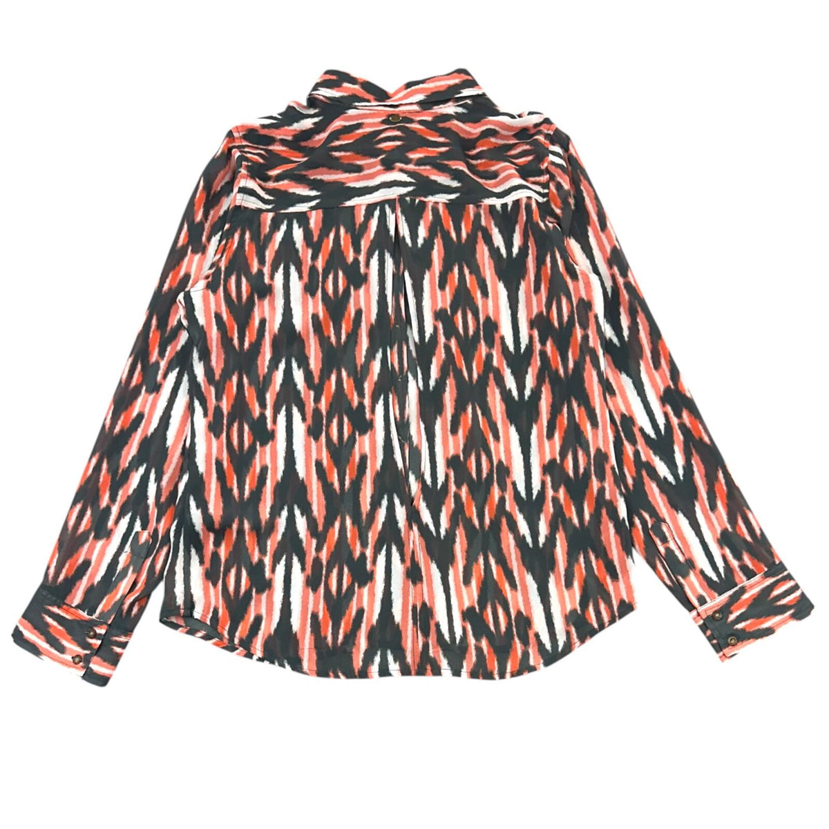GUESS Orange Brown Ikat Print Button Down Blouse with Sheer Lace