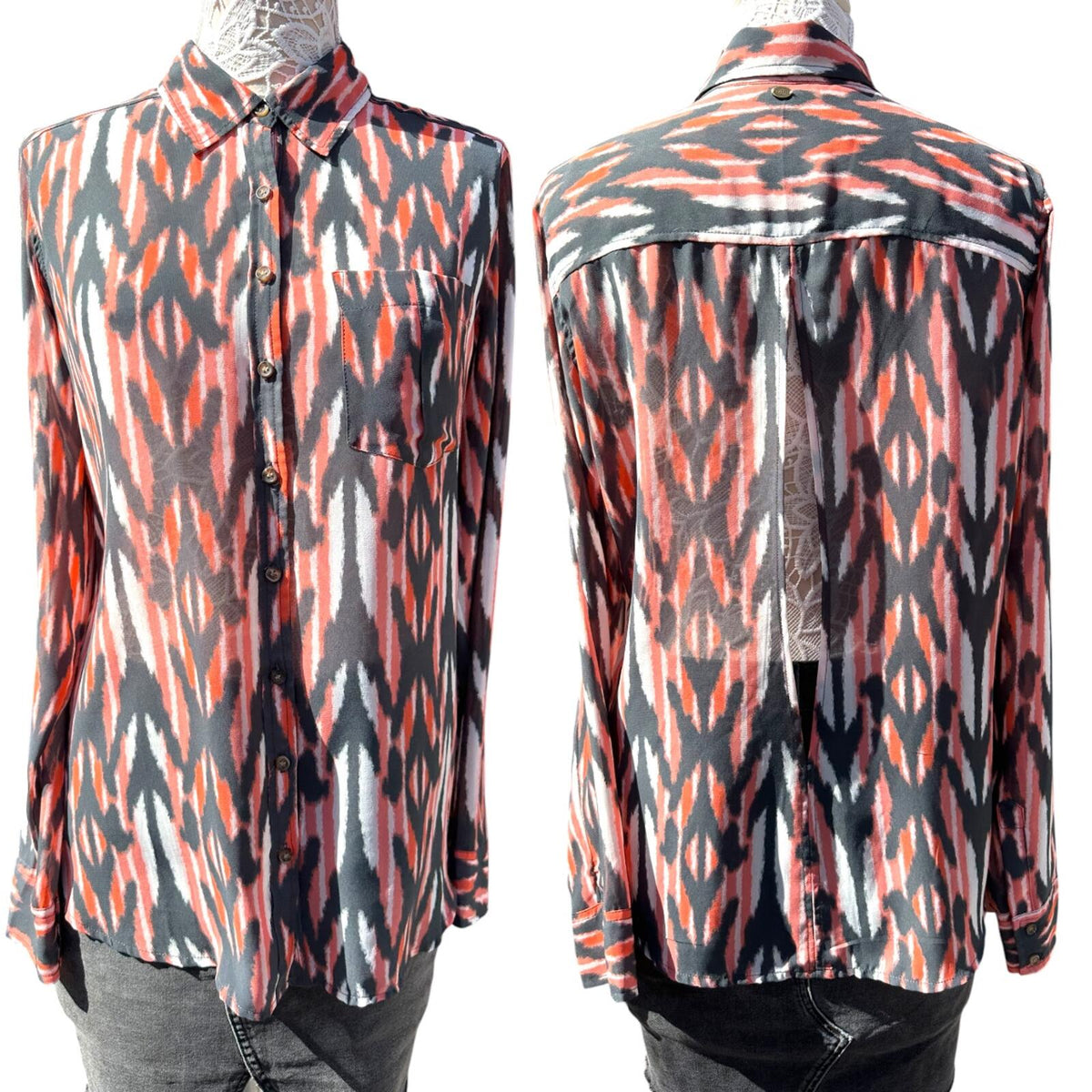 GUESS Orange Brown Ikat Print Button Down Blouse with Sheer Lace