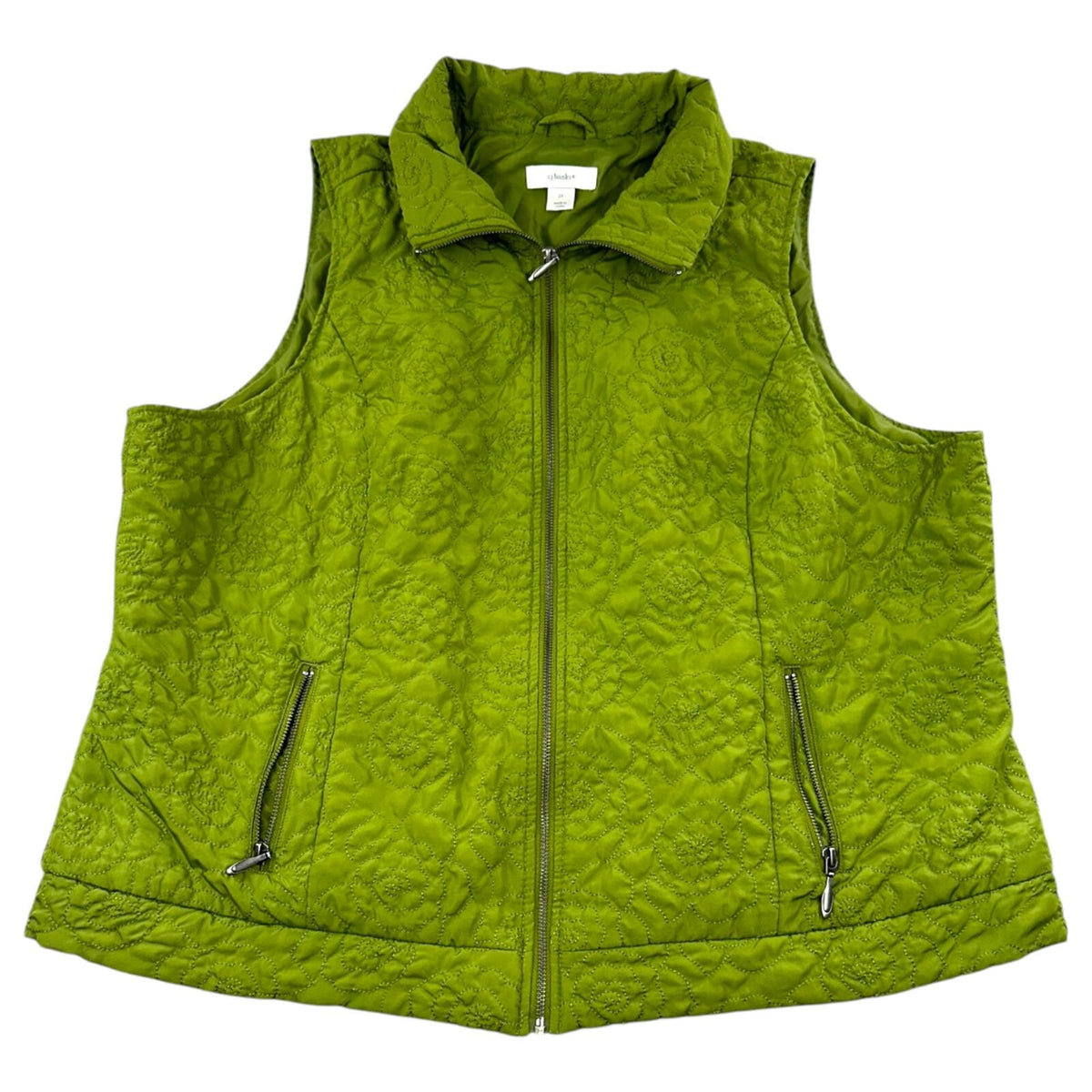 CJ Banks Olive Green Quilted Floral Vest Cozy Outdoor Chic Gorpcore