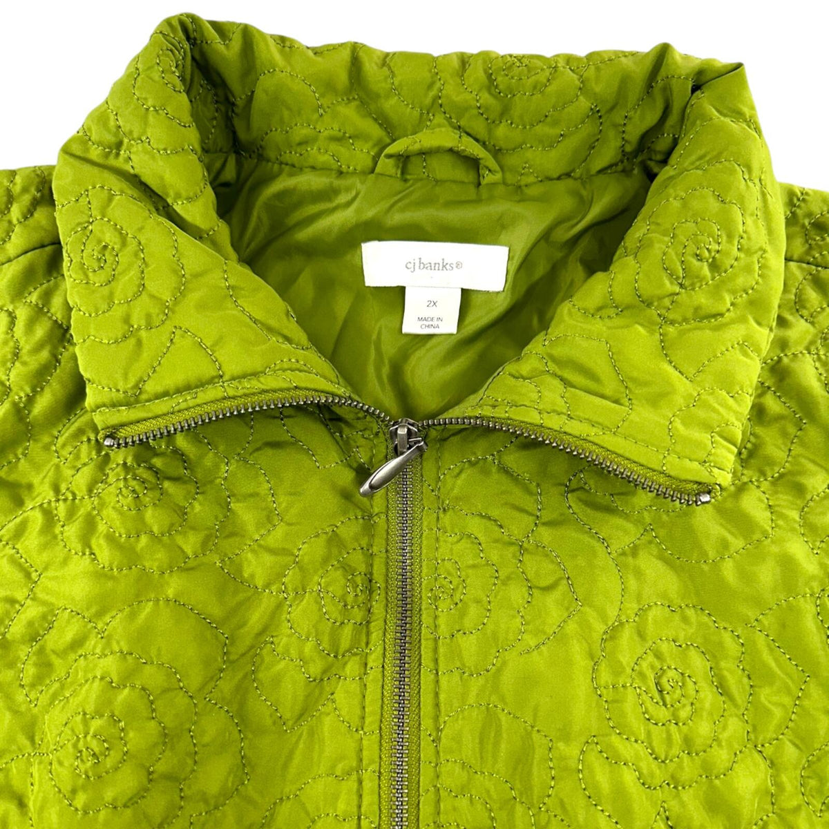 CJ Banks Olive Green Quilted Floral Vest Cozy Outdoor Chic Gorpcore