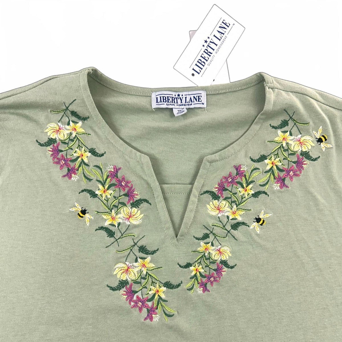 NWT Liberty Lane Sage Green Floral Embroidered T Shirt