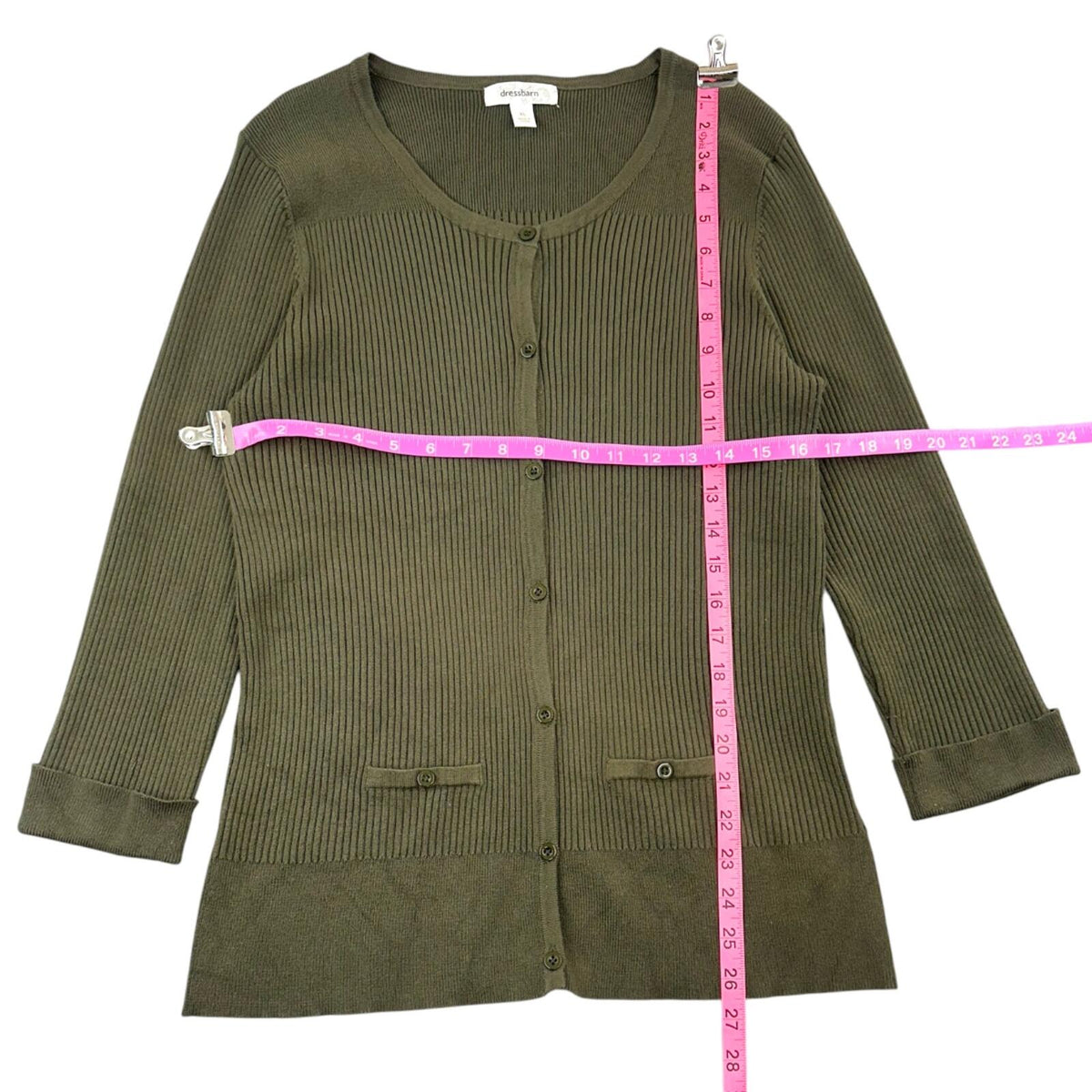 Dressbarn Olive Green Ribbed Button Up Cardigan Sweater Earthcore Dark Academy
