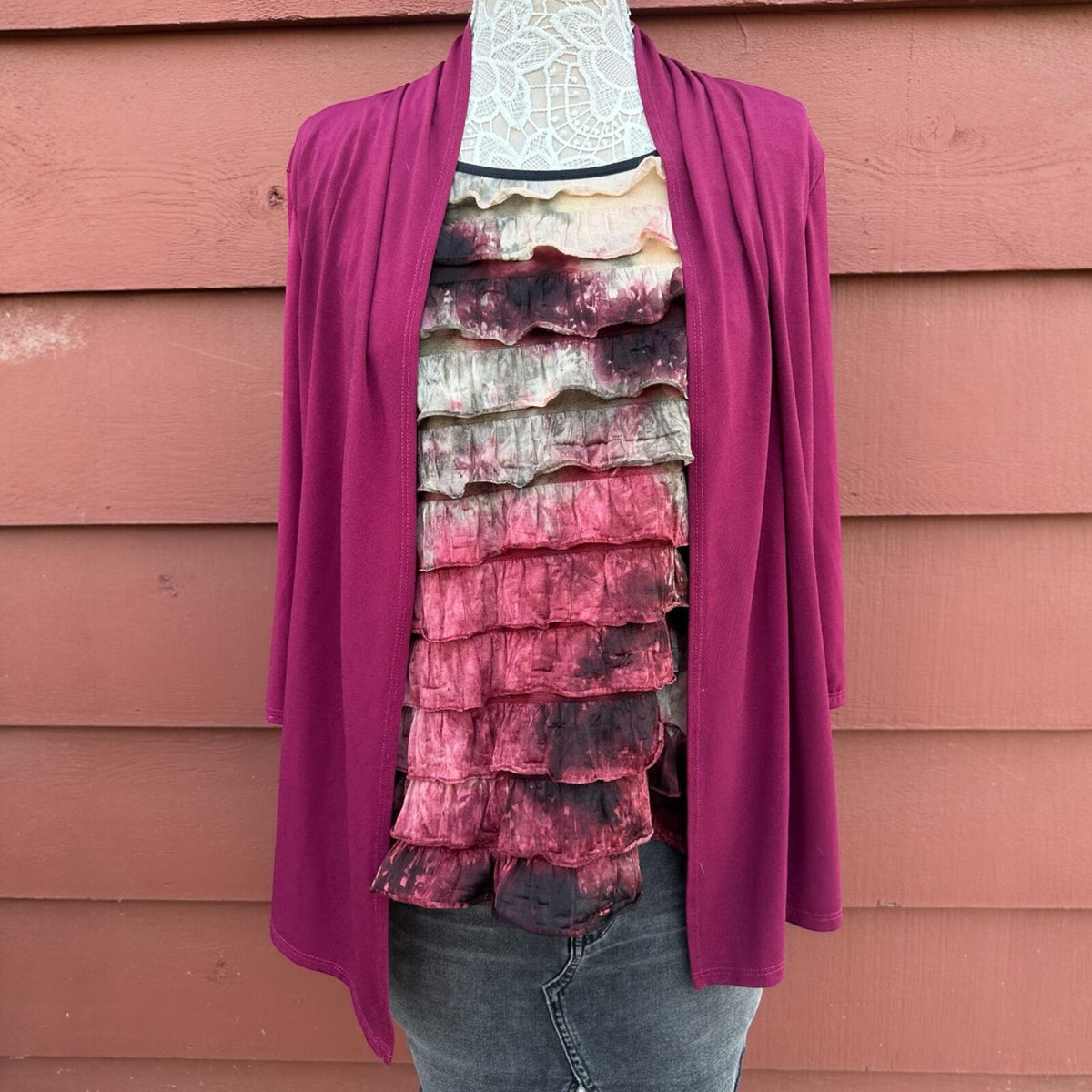 Notations Layered Ruffle Top and Magenta Cardigan Set Y2K Art