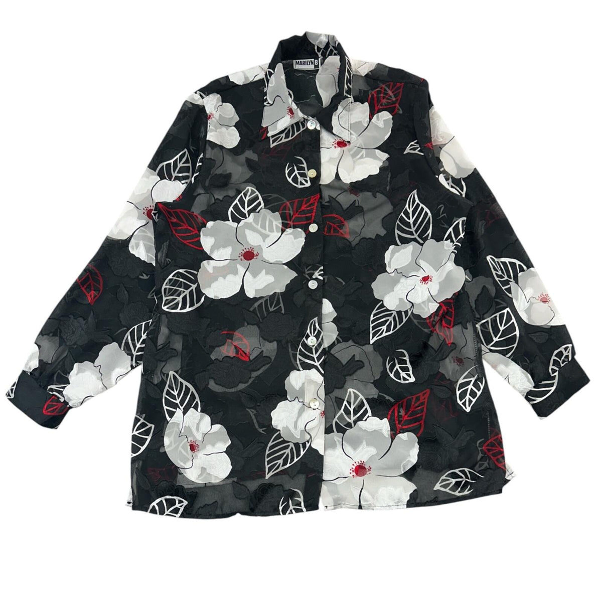 Marilyn B Sheer Black Floral Blouse with Red Leaf Accents Dark Coquette
