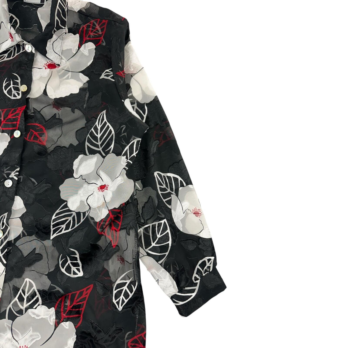 Marilyn B Sheer Black Floral Blouse with Red Leaf Accents Dark Coquette