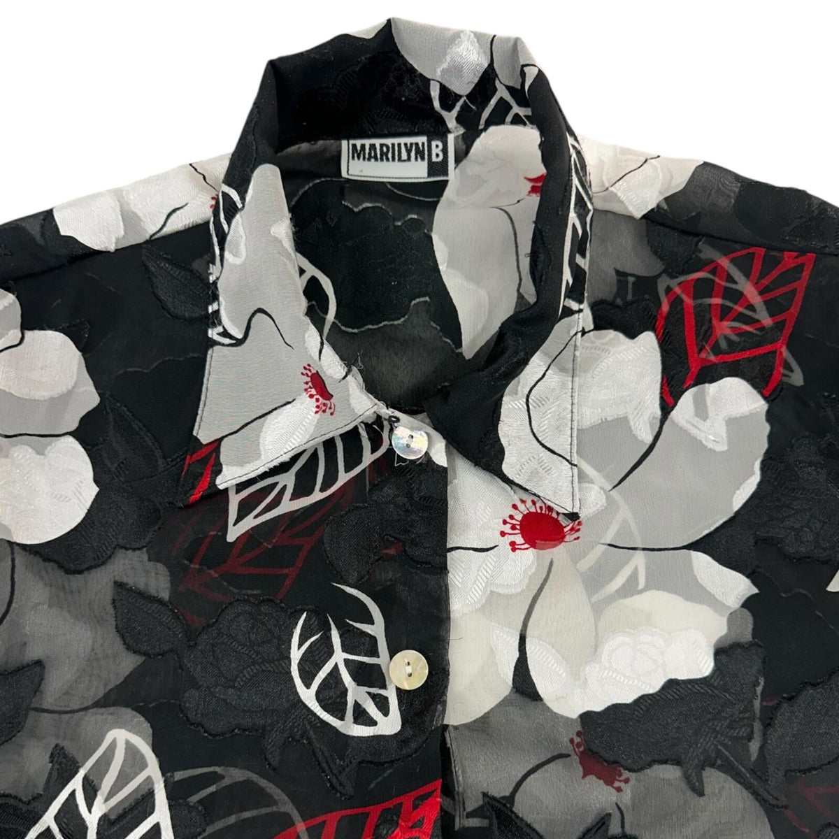 Marilyn B Sheer Black Floral Blouse with Red Leaf Accents Dark Coquette