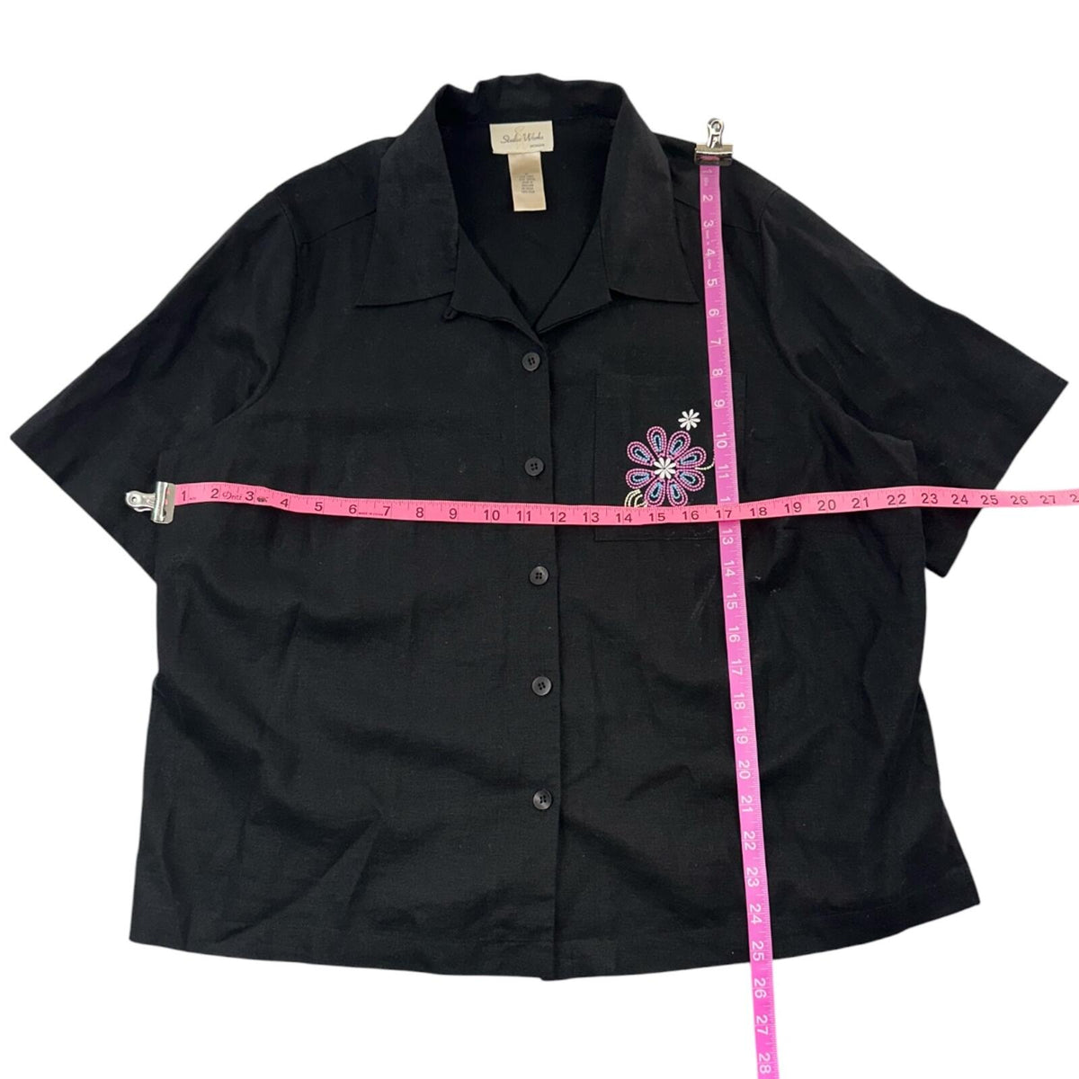 Studio Works Black Embroidered Floral Button Down Camp Shirt