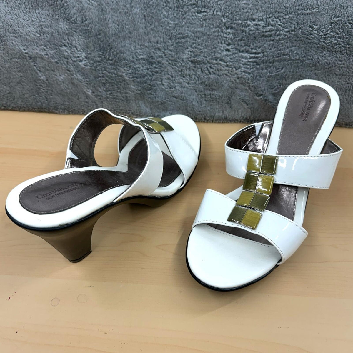 Croft & Barrow White Patent Leather Wedge Sandals with Gold Tile Hardware