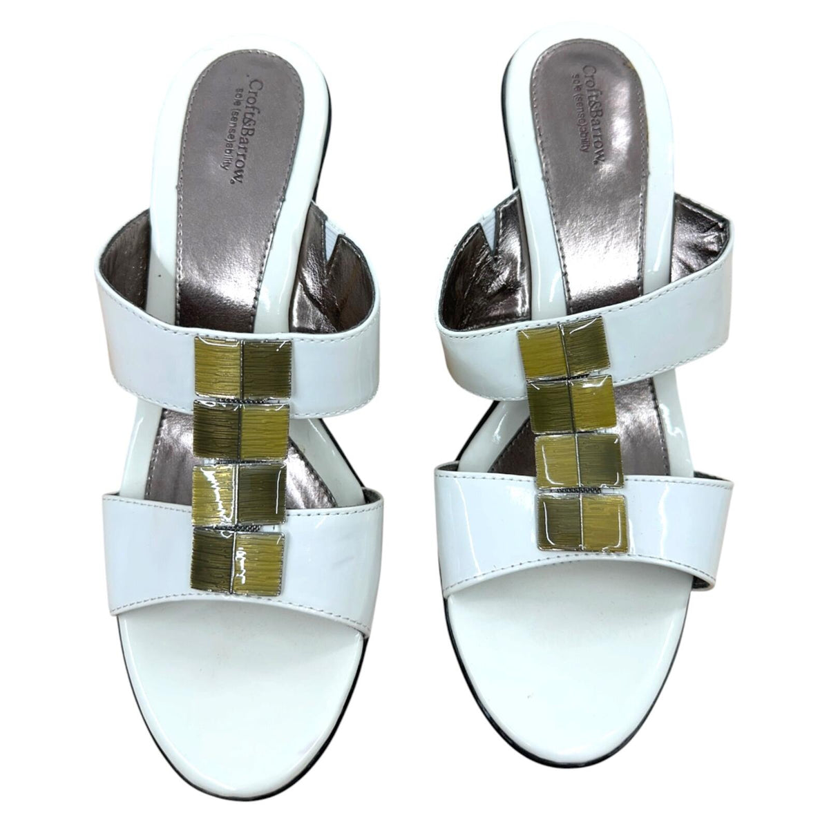 Croft & Barrow White Patent Leather Wedge Sandals with Gold Tile Hardware