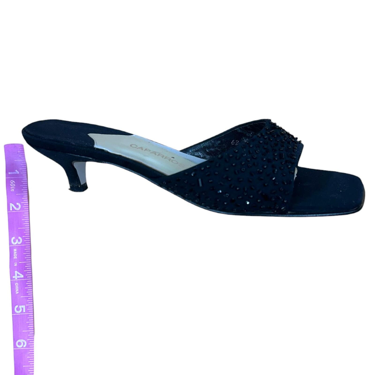 Caparros Black Satin Kitten Heel Mules with Beaded Strap Minimalist Glam 90s