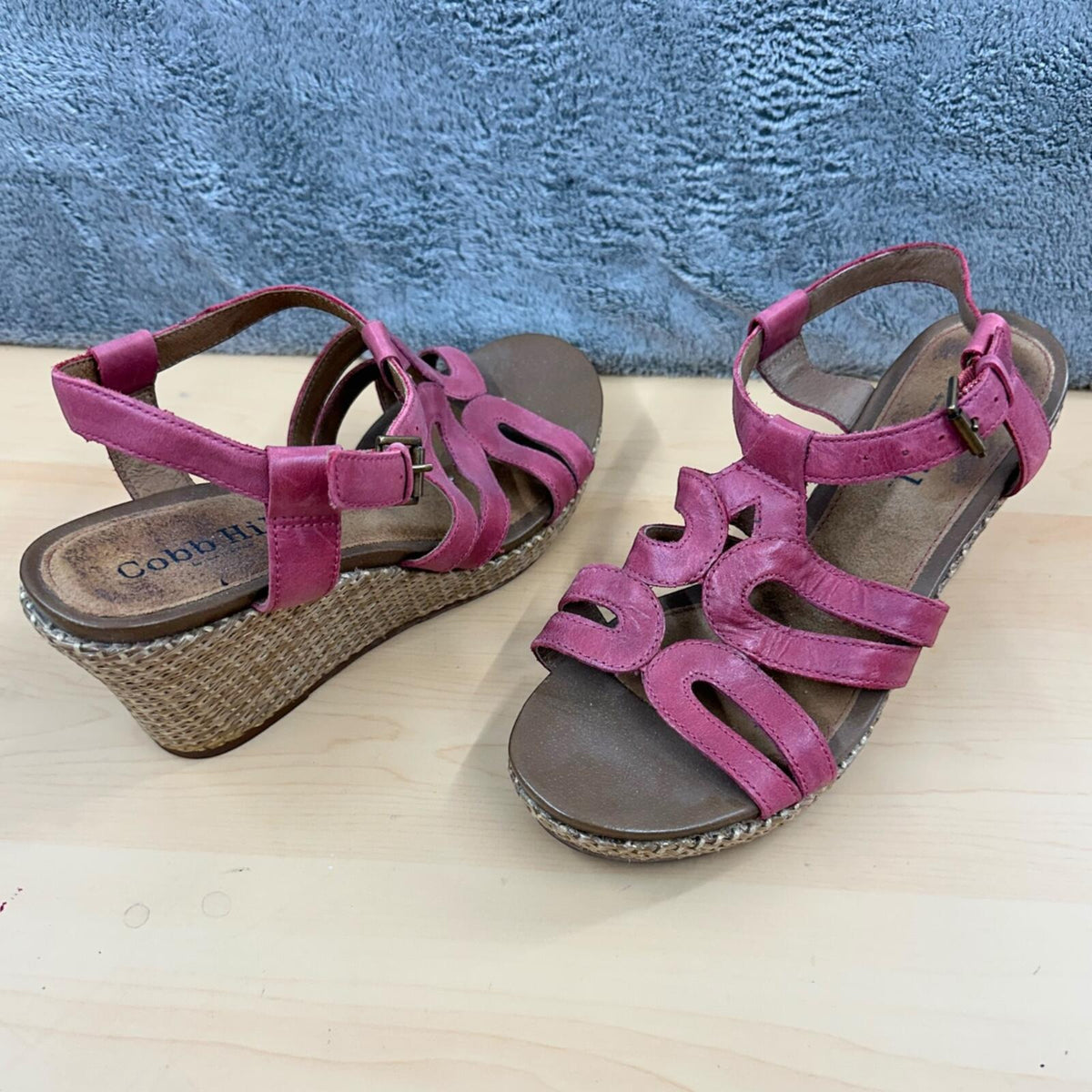 Rockport Cobb Hill Hannah Coral Pink Leather Wedge Espadrille Sandals Boho Chic