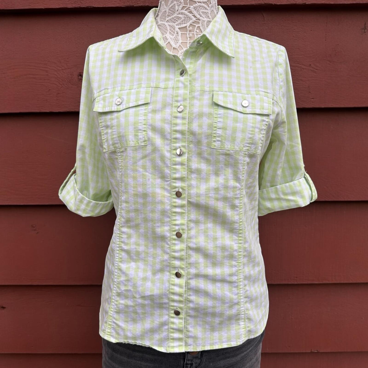 Christopher & Banks Lime Green White Gingham Button Up Shirt