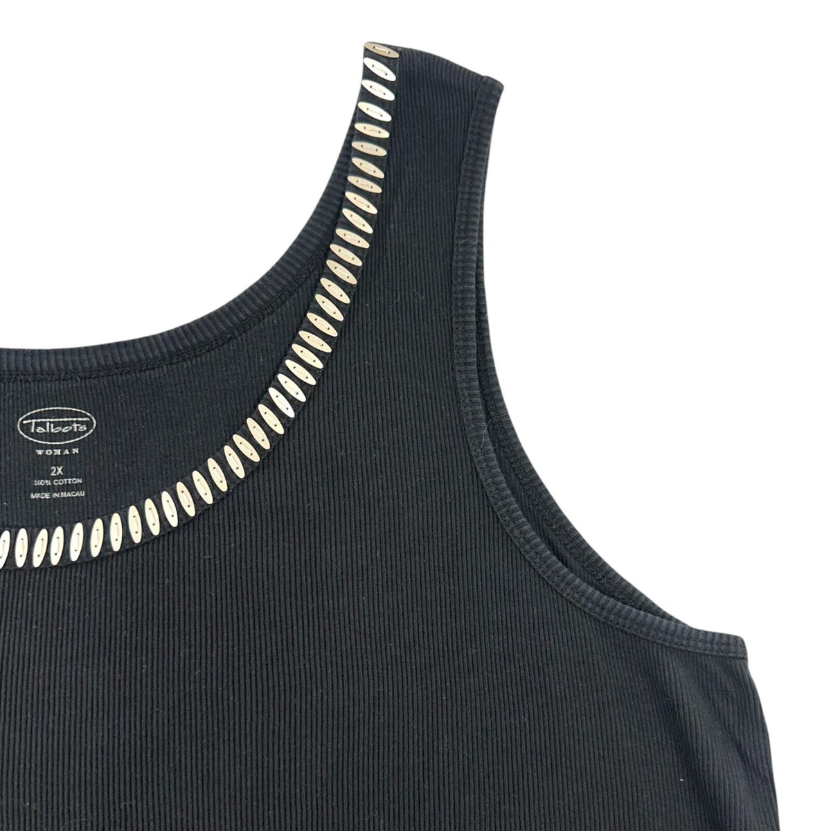 Talbots Black Ribbed Cotton Tank Top with Silver Beaded Scoop Neckline