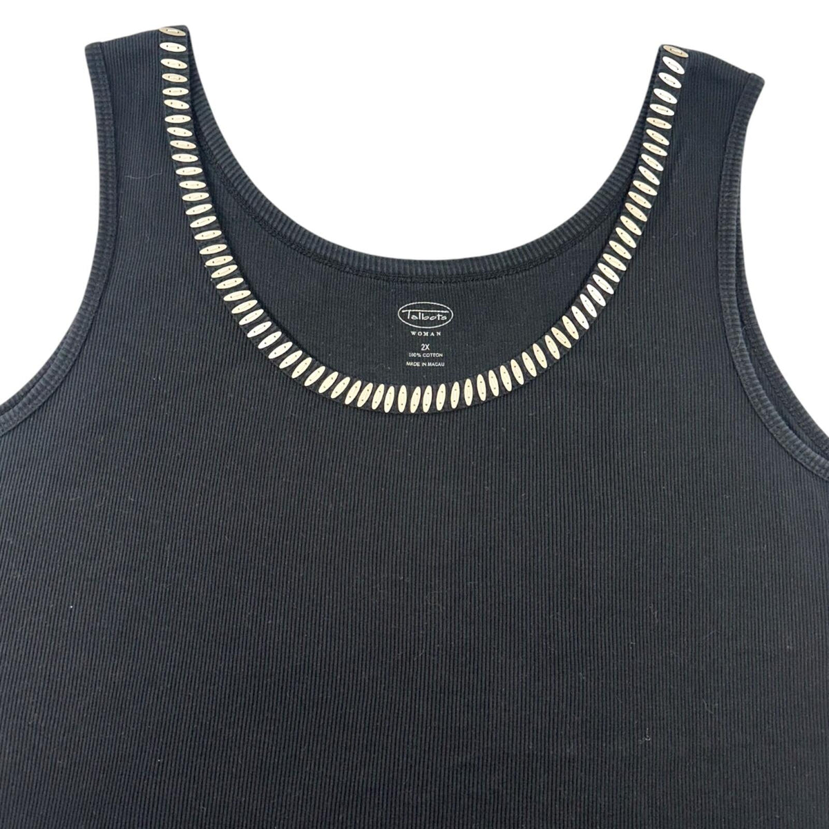 Talbots Black Ribbed Cotton Tank Top with Silver Beaded Scoop Neckline
