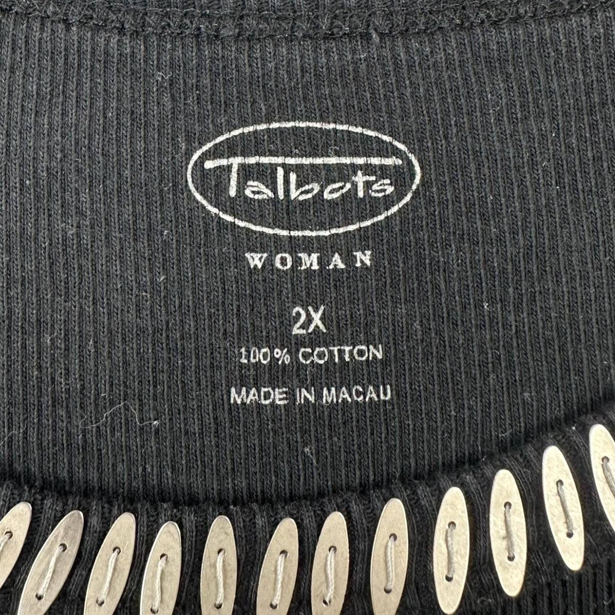 Talbots Black Ribbed Cotton Tank Top with Silver Beaded Scoop Neckline