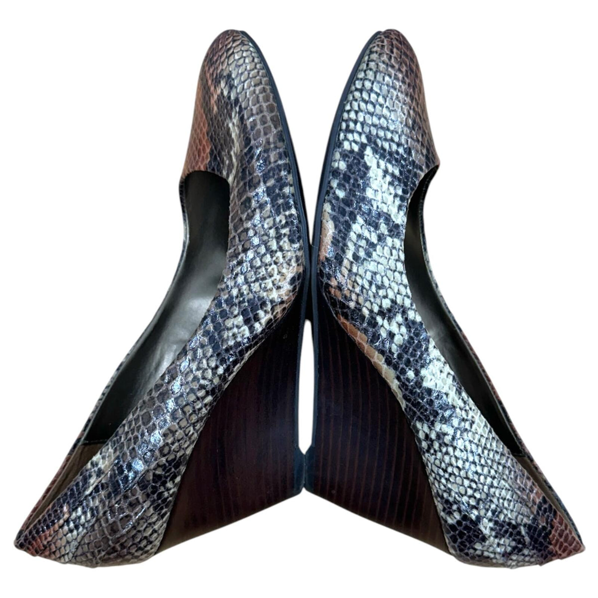 Bandolino Nuri Snakeskin Embossed Leather Wedges Brown Beige Quiet Luxury