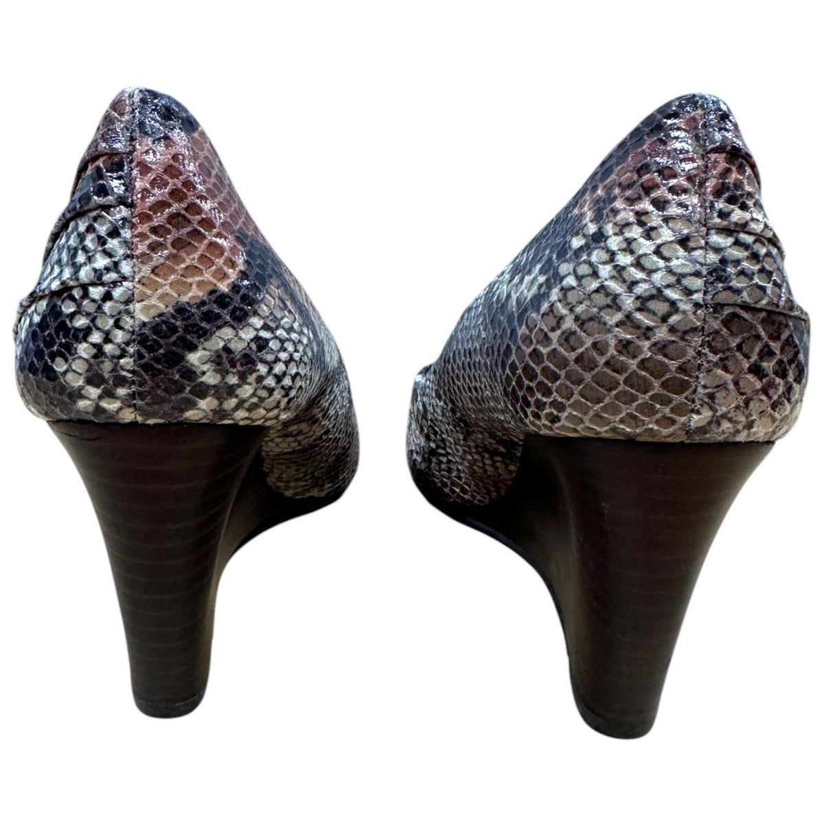 Bandolino Nuri Snakeskin Embossed Leather Wedges Brown Beige Quiet Luxury