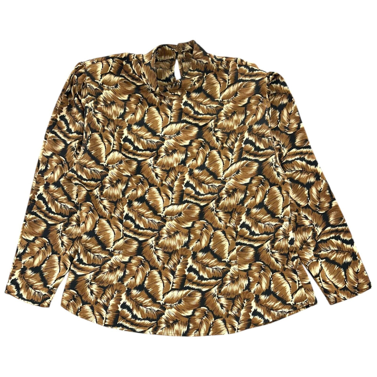 Sheridan Square Vintage Blouse Brown Black Feather Leaf Print Mock Neck Keyhole