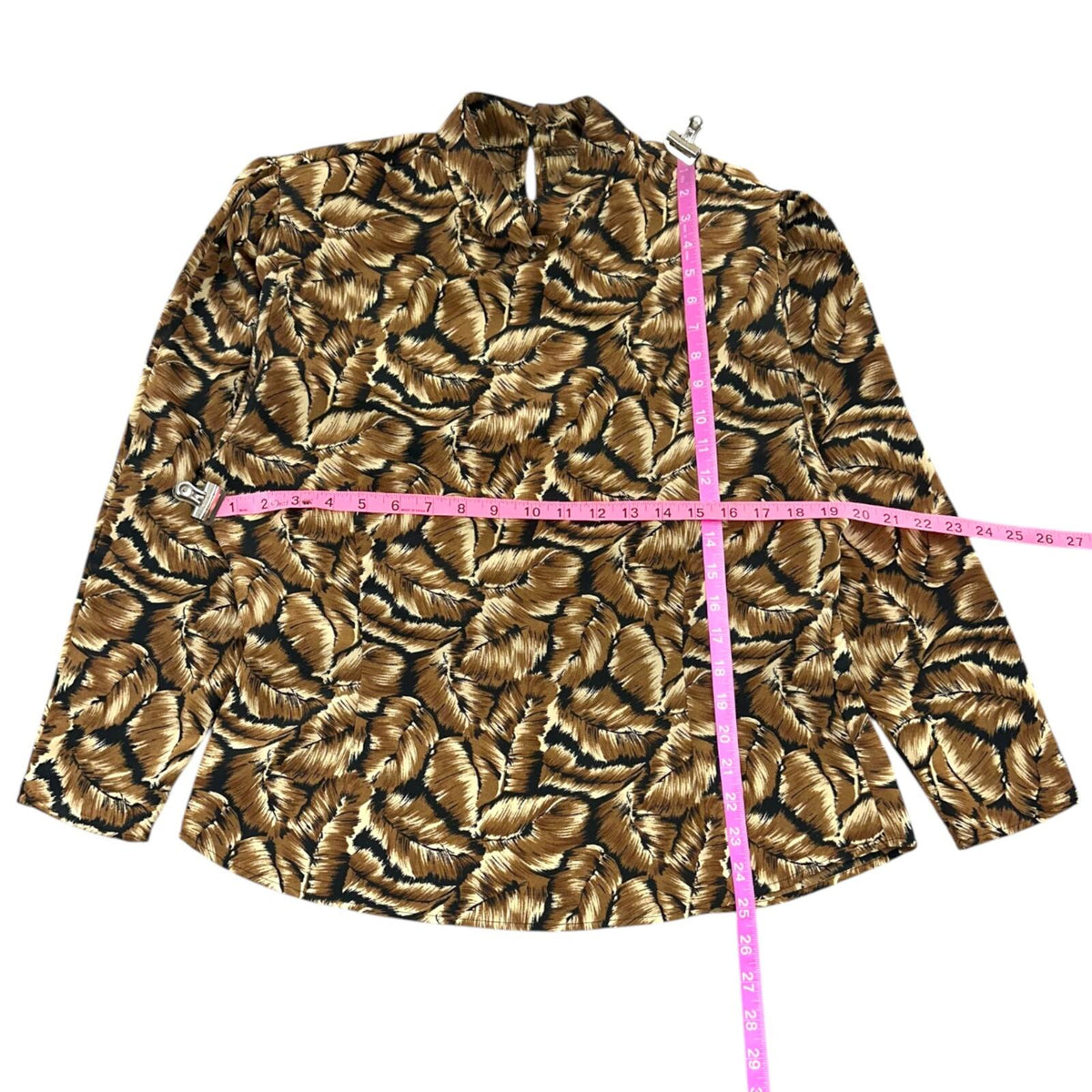 Sheridan Square Vintage Blouse Brown Black Feather Leaf Print Mock Neck Keyhole