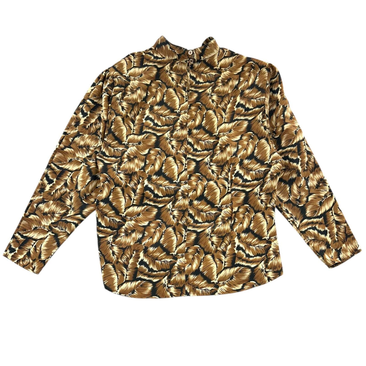 Sheridan Square Vintage Blouse Brown Black Feather Leaf Print Mock Neck Keyhole