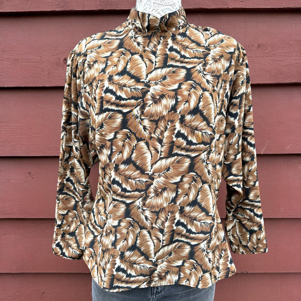 Sheridan Square Vintage Blouse Brown Black Feather Leaf Print Mock Neck Keyhole