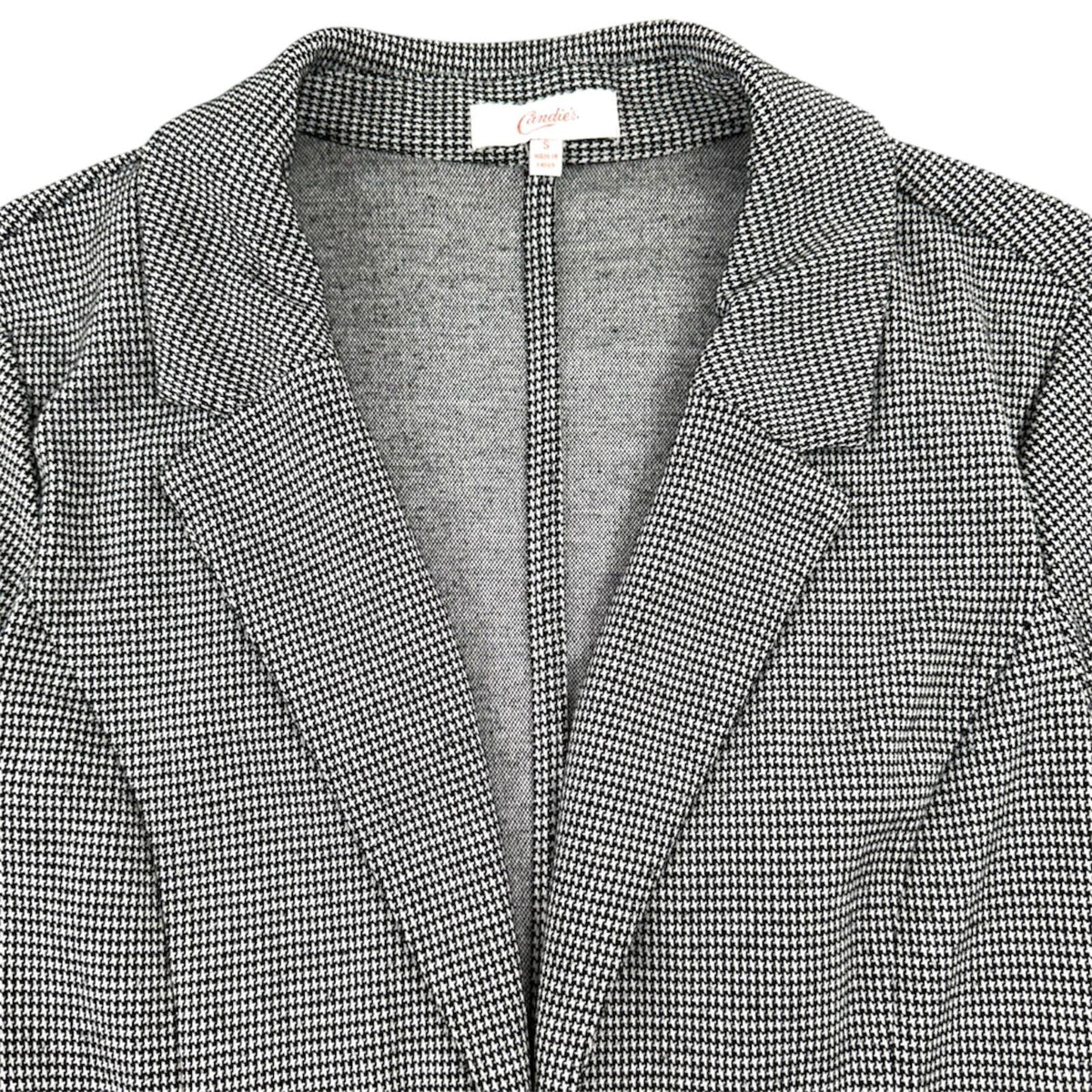 Candie's Black and White Micro Houndstooth Blazer with Ruched Sleeves