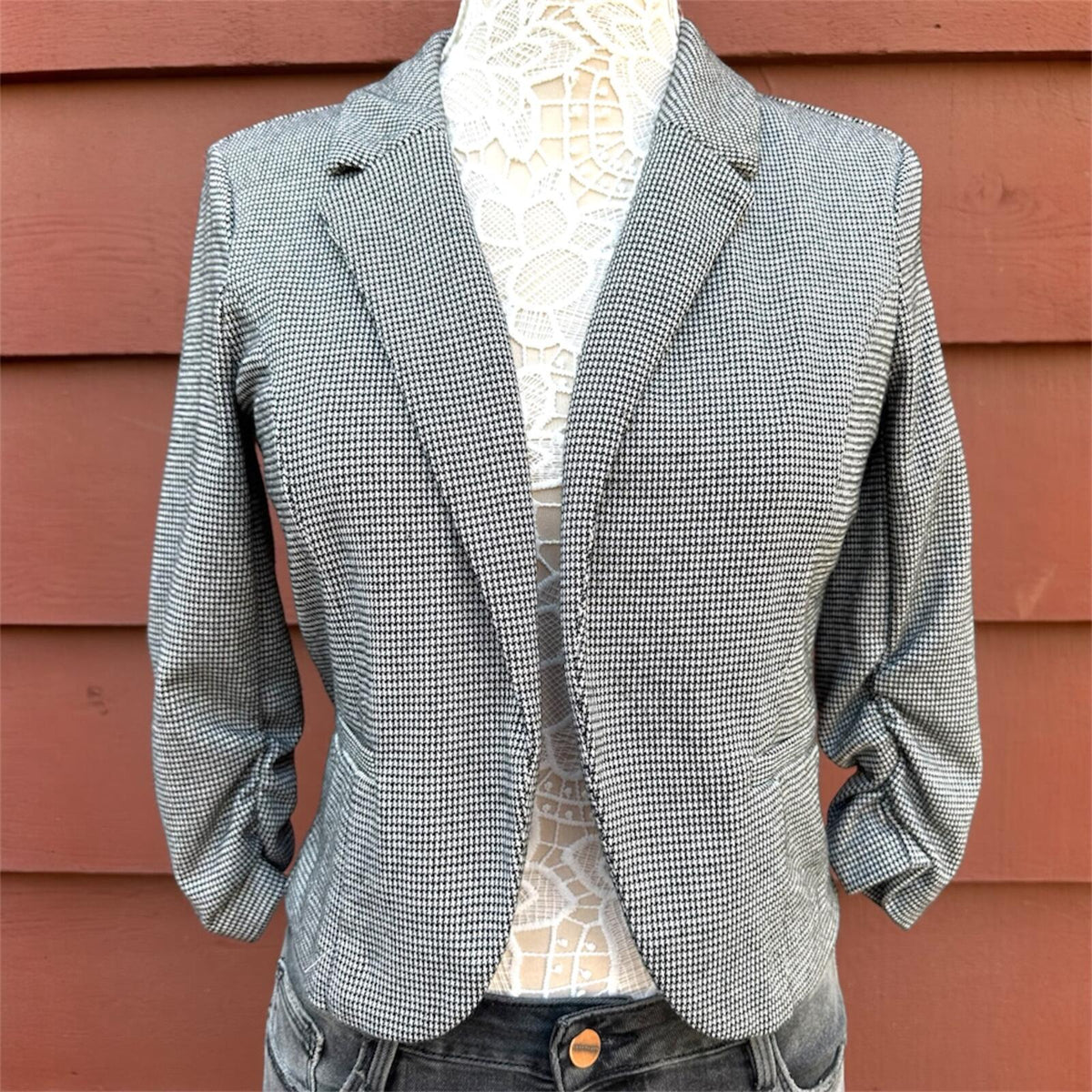 Candie's Black and White Micro Houndstooth Blazer with Ruched Sleeves