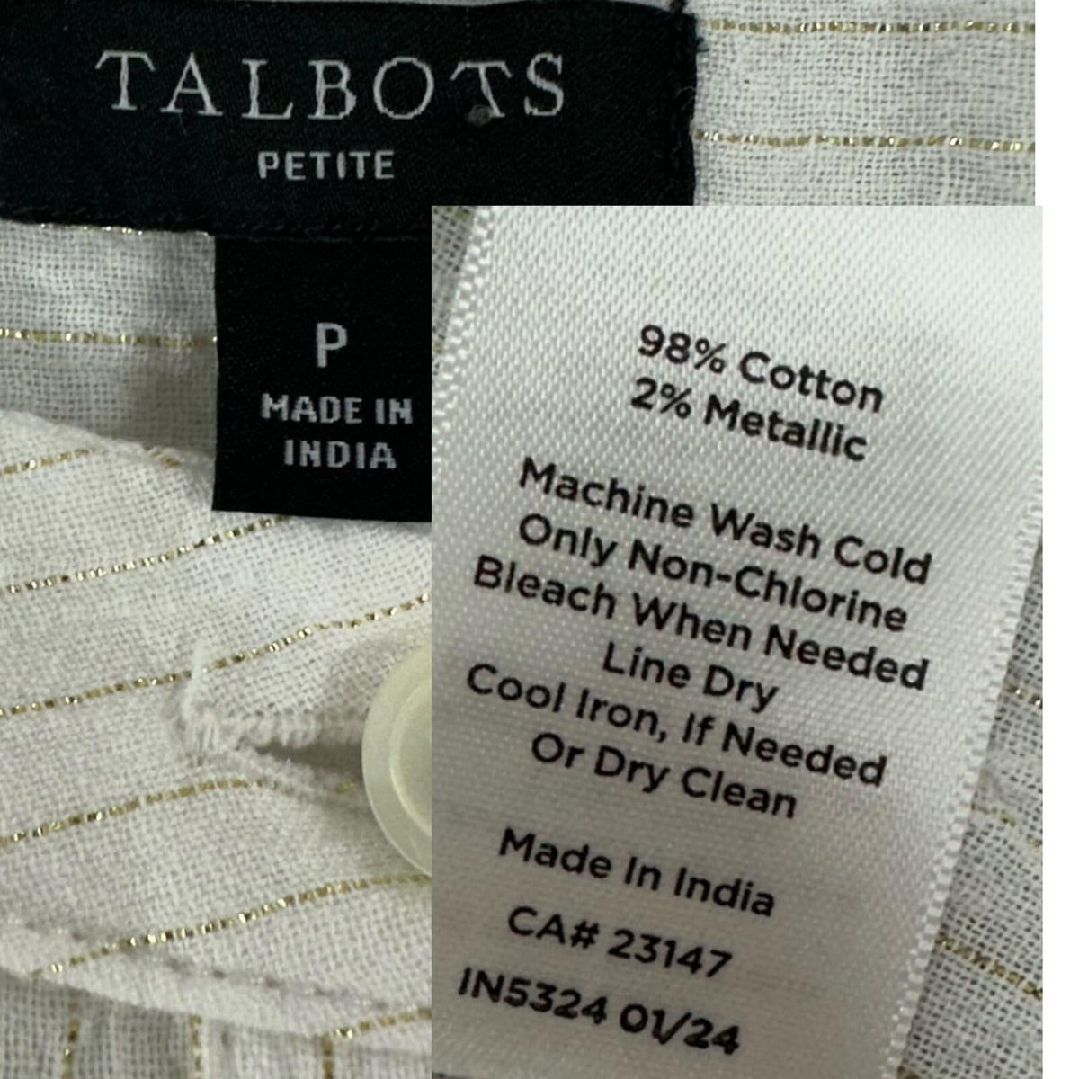 Talbots Petite White Blouse with Gold Stripes Lightweight Button Up Long Sleeve