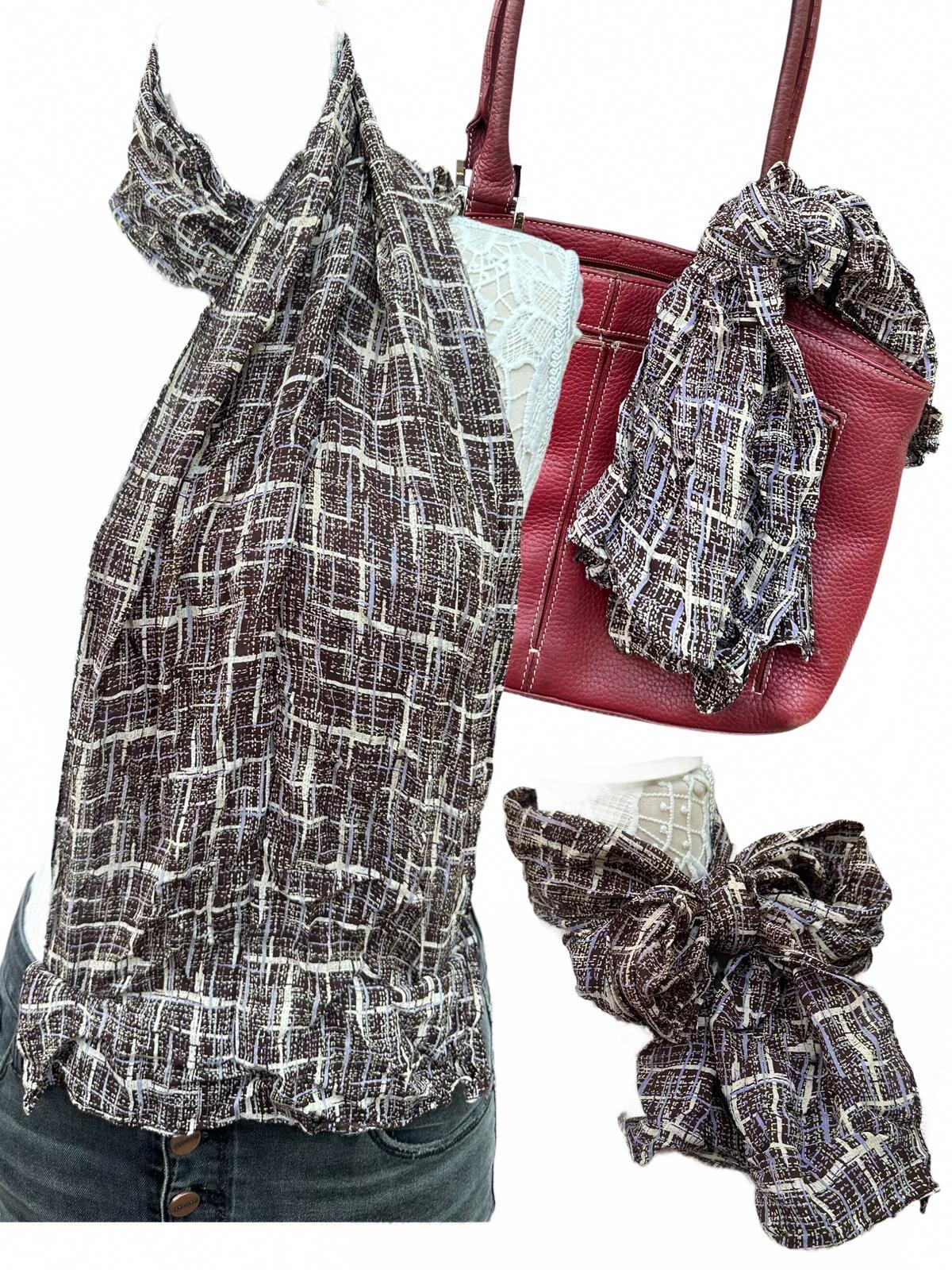 Plaid Scarf Brown Purple Lightweight Crinkled Fabric Accessory