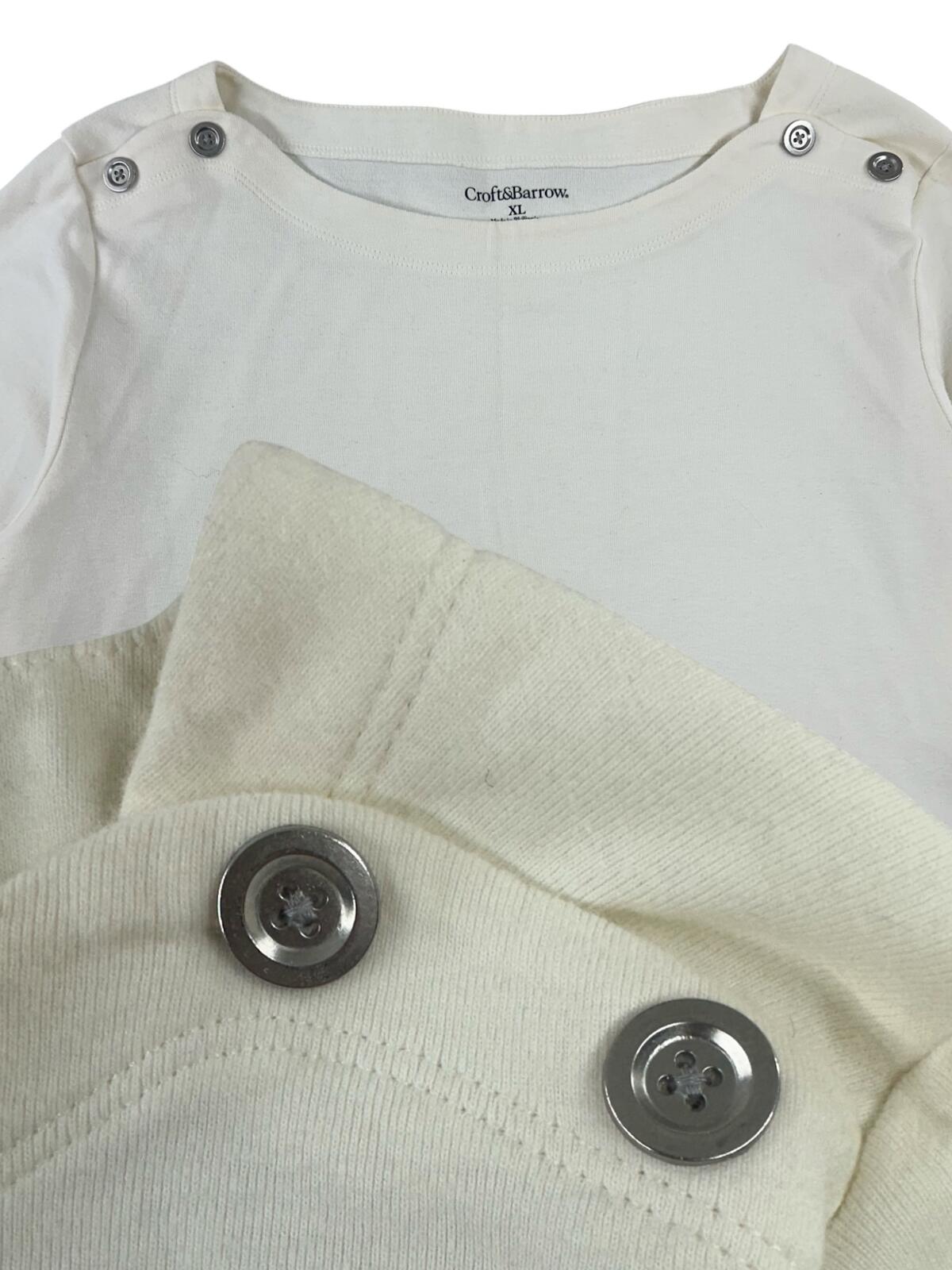 Croft & Barrow White Knit Top with Button Shoulder Detail Classic Casual