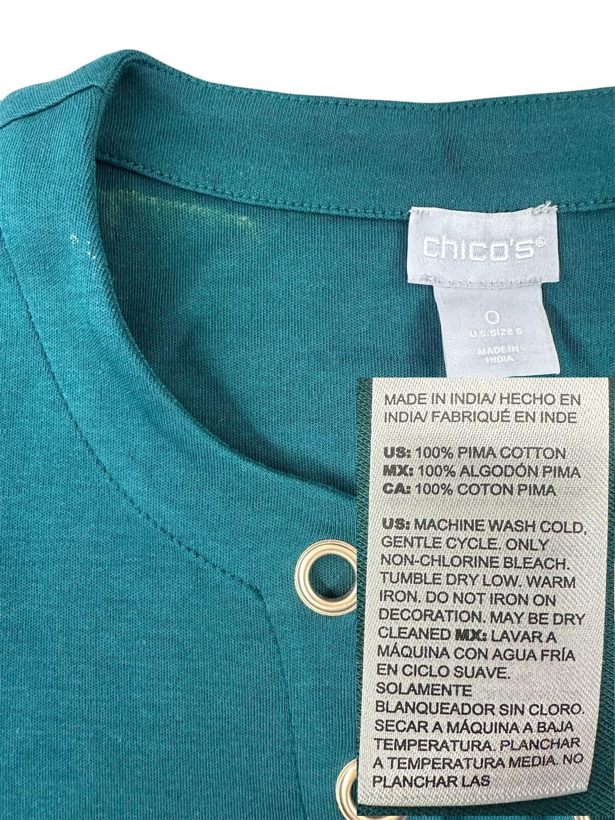 Chico's Teal Long Sleeve Tunic Top with Grommet Neckline Y2K Boho Casual Style